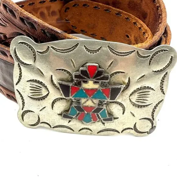 VTG -FRONTIER BUCKLE Native American vintage 70s Zuni Multi-Inlay Knifewing belt - Picture 2 of 14